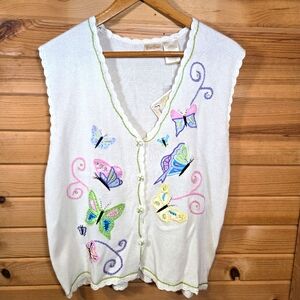 NWT Bobbie Brooks Knit Sweater Vest Embroidered Butterfly Ivory Womens XL Spring